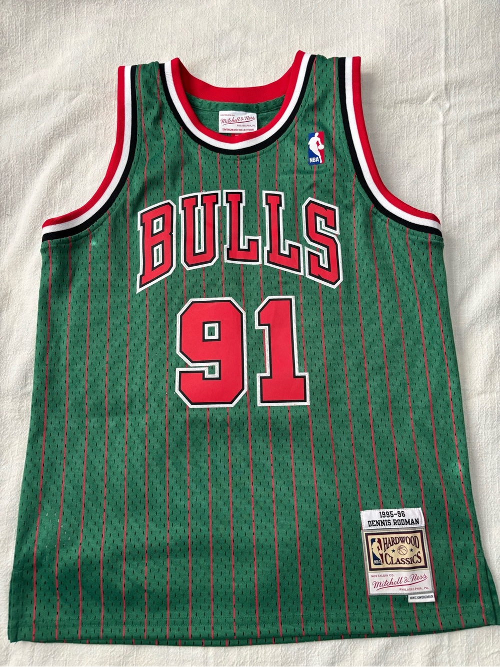 Mitchell & Ness Chicago Bulls Green Pinstripe #91 Rodman Jersey Youth L